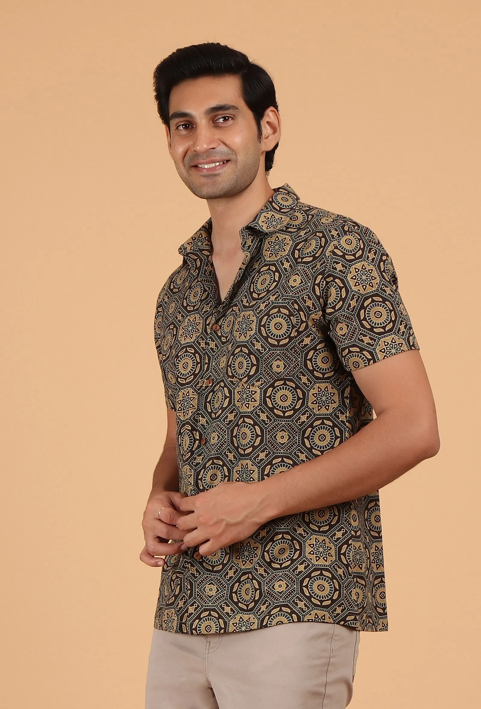 Blue and Tea Green Ajrakh Handcrafted Half Sleeves Cotton Shirt