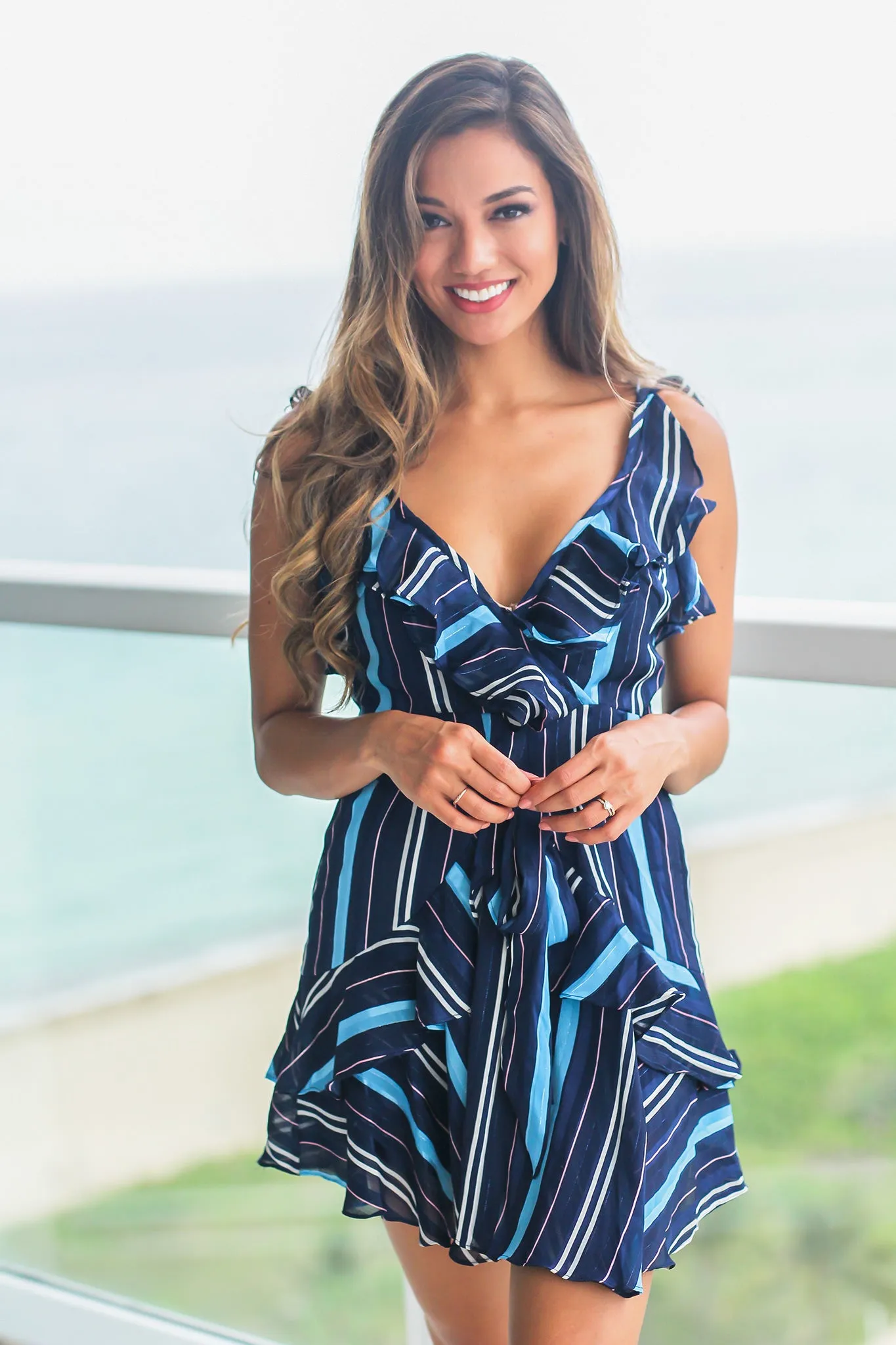 Blue Metallic Striped Short Dress with Ruffles