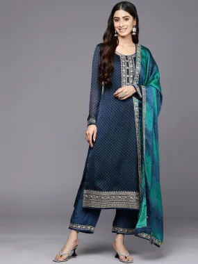 Blue Printed Chiffon Straight Kurta With Trousers & Dupatta