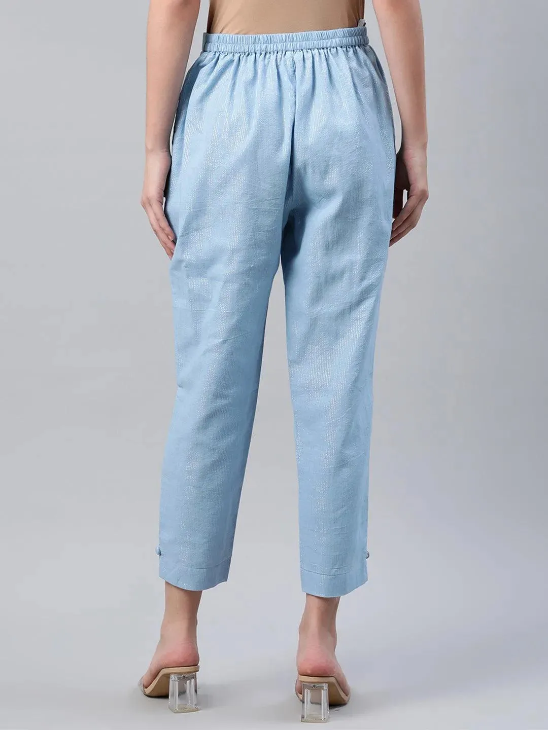 Blue Self Design Cotton Trousers