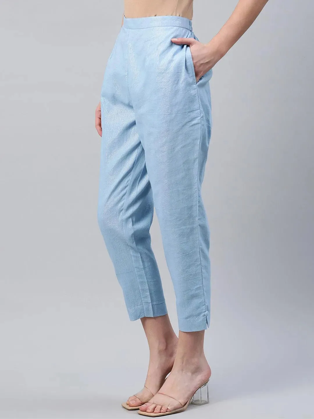 Blue Self Design Cotton Trousers