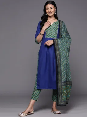 Blue Yoke Design Cotton Straight Kurta With Trousers & Dupatta