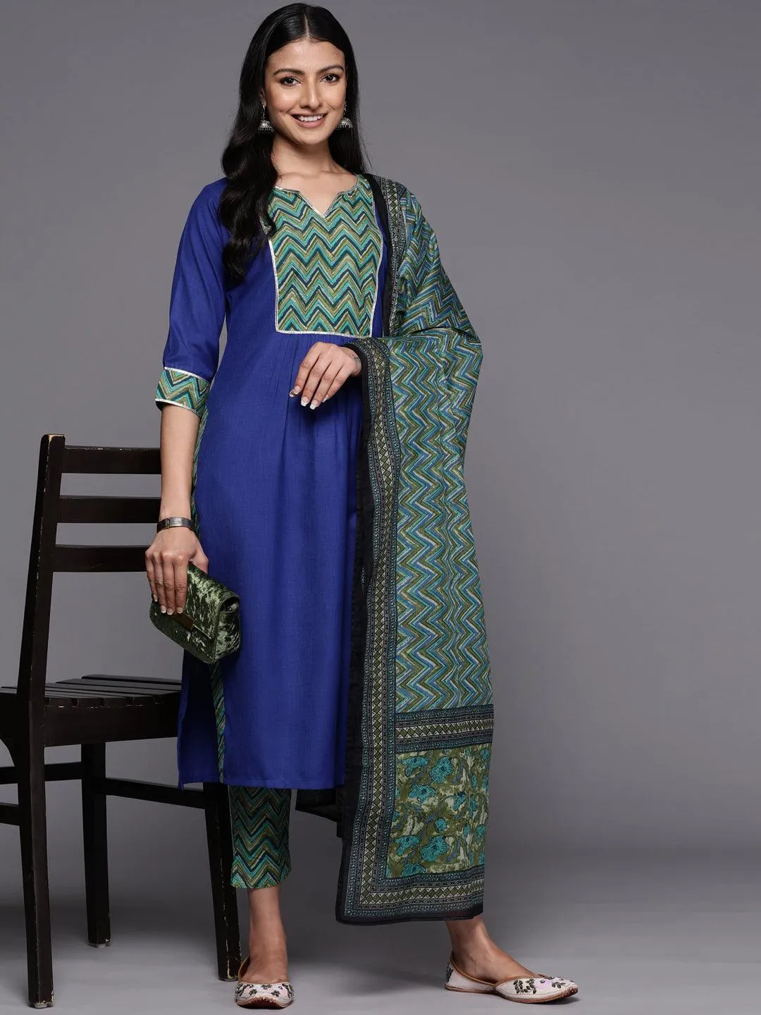 Blue Yoke Design Cotton Straight Kurta With Trousers & Dupatta