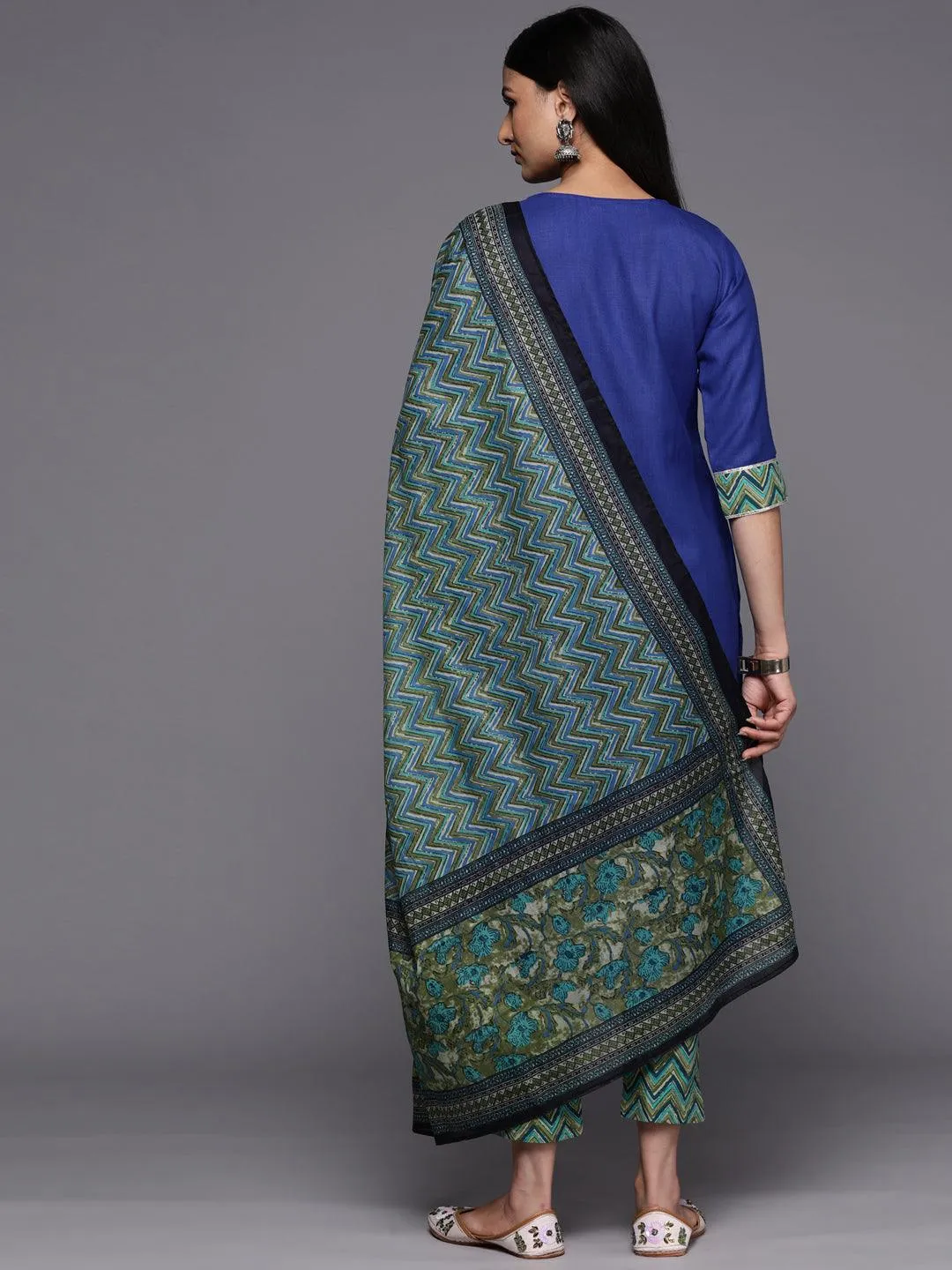 Blue Yoke Design Cotton Straight Kurta With Trousers & Dupatta