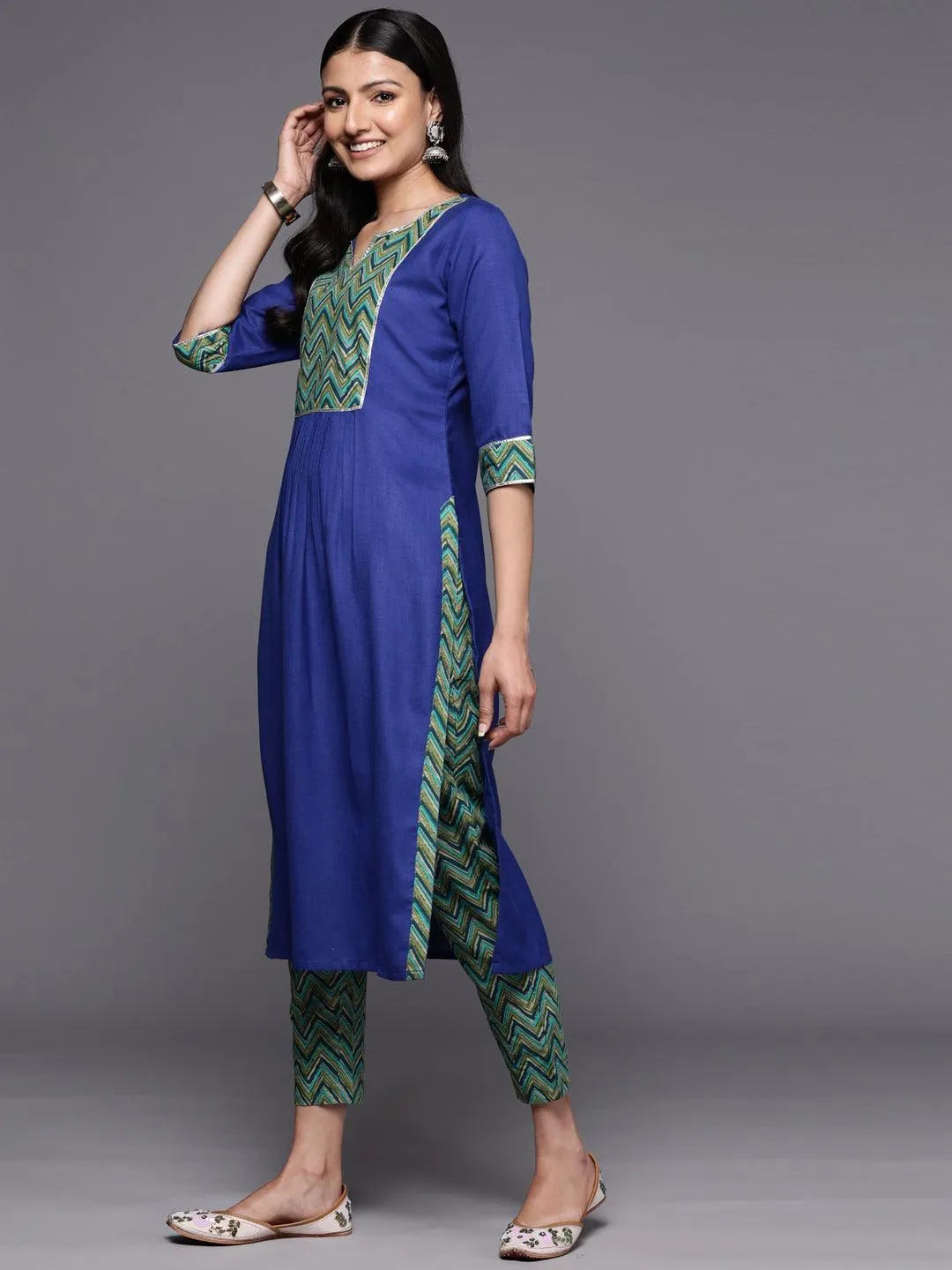 Blue Yoke Design Cotton Straight Kurta With Trousers & Dupatta