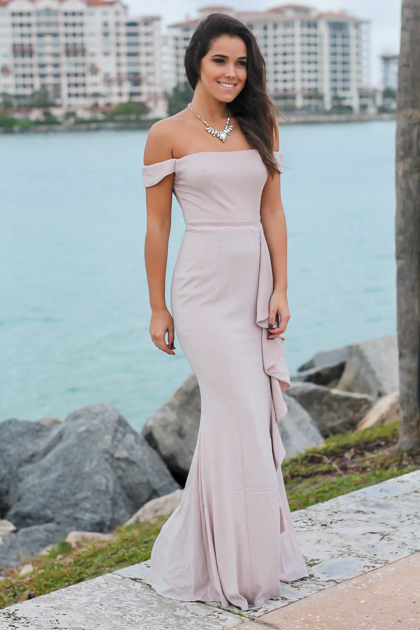 Blush and Silver Off Shoulder Maxi Dress