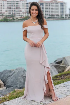 Blush and Silver Off Shoulder Maxi Dress