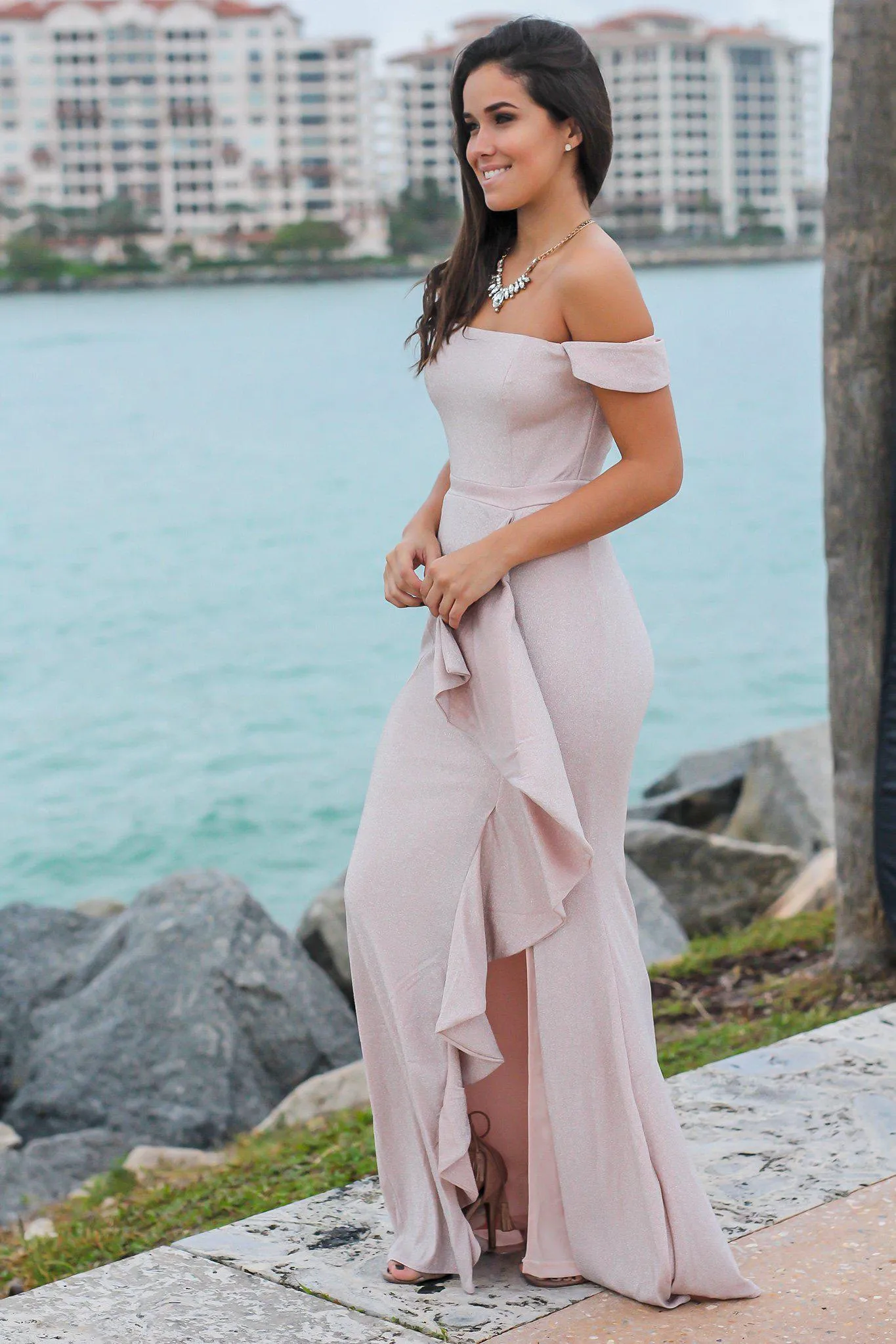 Blush and Silver Off Shoulder Maxi Dress