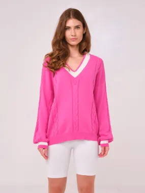 Brodie Cashmere Cotton and Silk Mix Cable Knit Dragon Fruit Pink Sweater