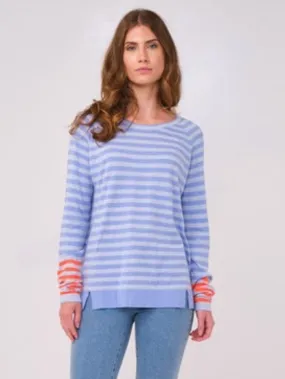 Brodie Cashmere T Cotton and Silk Mix STRIPED RAGLAN Frost Blue Jumper