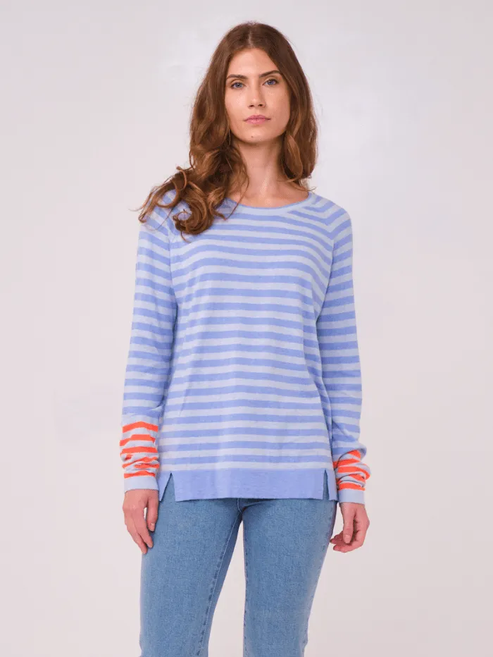 Brodie Cashmere T Cotton and Silk Mix STRIPED RAGLAN Frost Blue Jumper