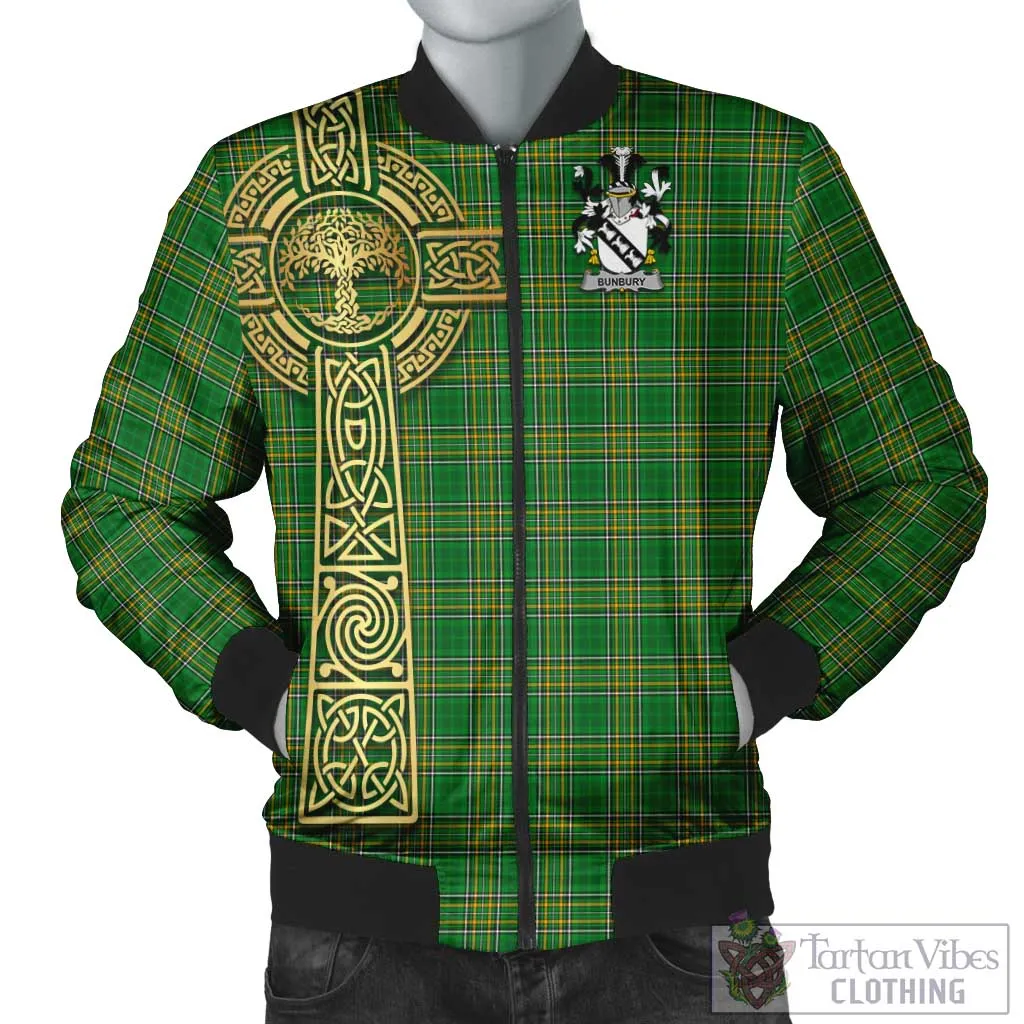 Bunbury Irish Clan Tartan Bomber Jacket with Coat of Arms Celtic Tree of Life Style