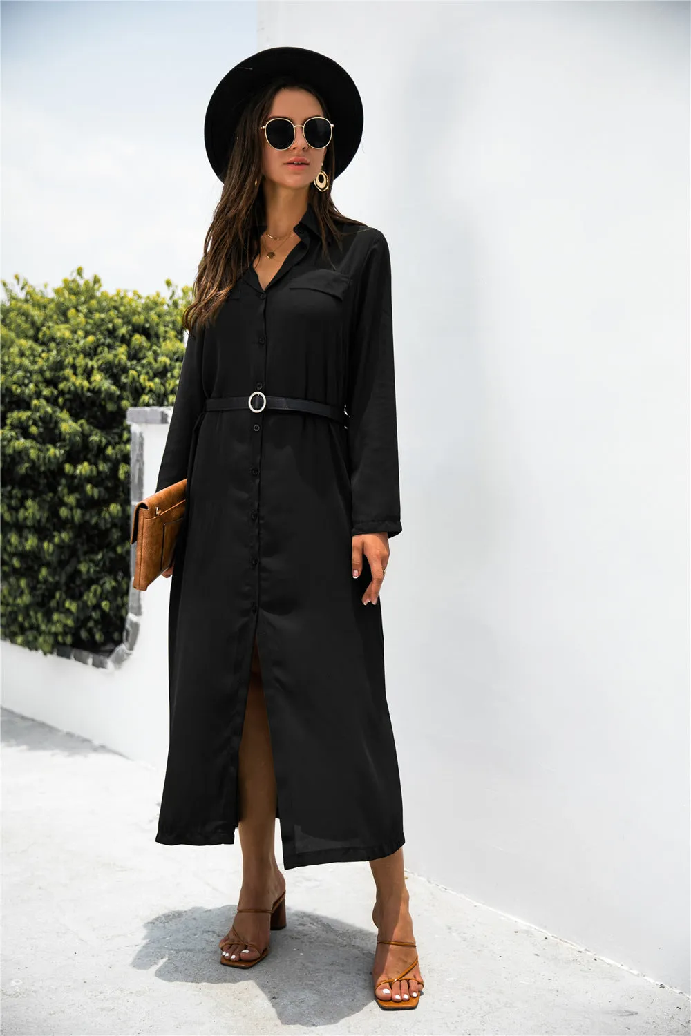 Button Down Side Slit Shirt Dress