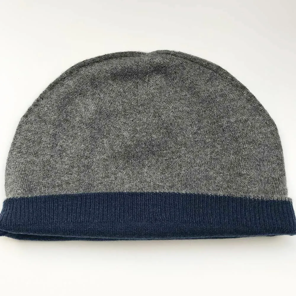 Cashmere Beanie Navy Blue Grey Reversible Elastic