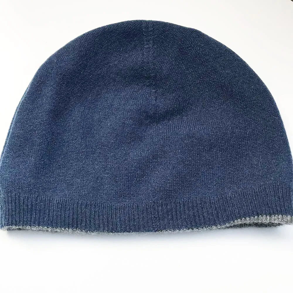 Cashmere Beanie Navy Blue Grey Reversible Elastic