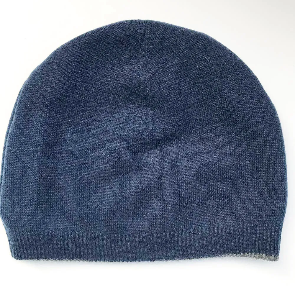 Cashmere Beanie Navy Blue Grey Reversible Elastic