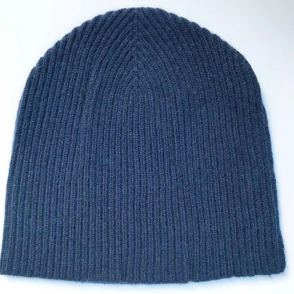 Cashmere Beanie Navy Blue Ribbed