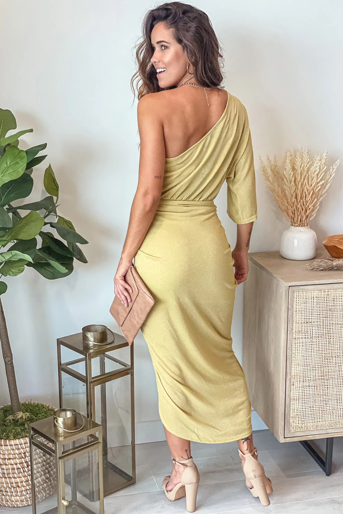 Champagne Gold Shimmer One Shoulder Ruched Dress