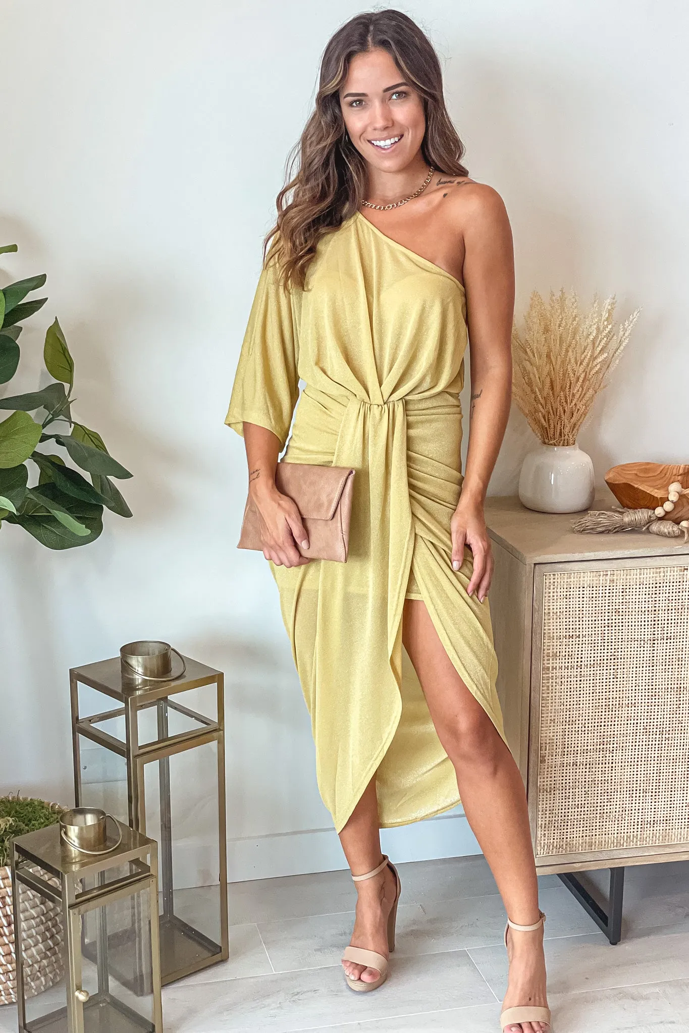 Champagne Gold Shimmer One Shoulder Ruched Dress