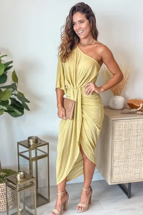 Champagne Gold Shimmer One Shoulder Ruched Dress