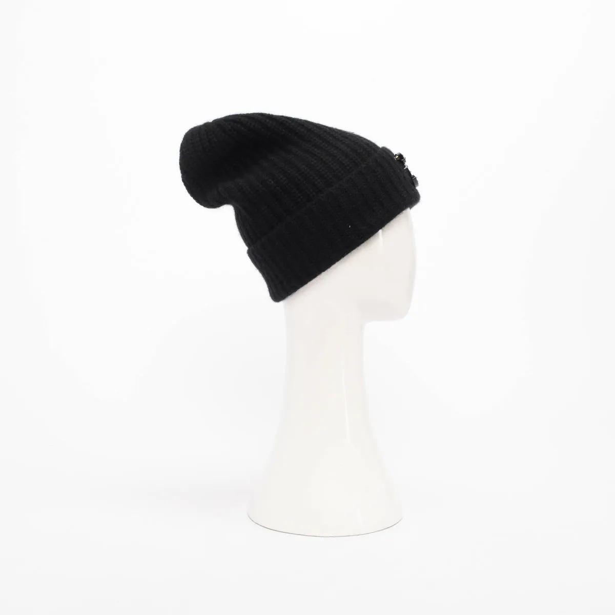 Chanel Black Cashmere Beanie with Removable CC Brooch