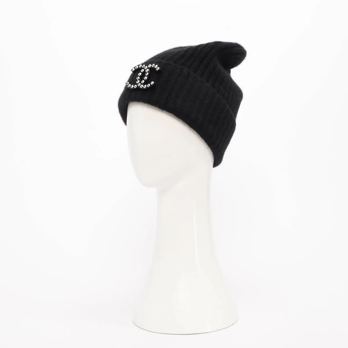 Chanel Black Cashmere Beanie with Removable CC Brooch