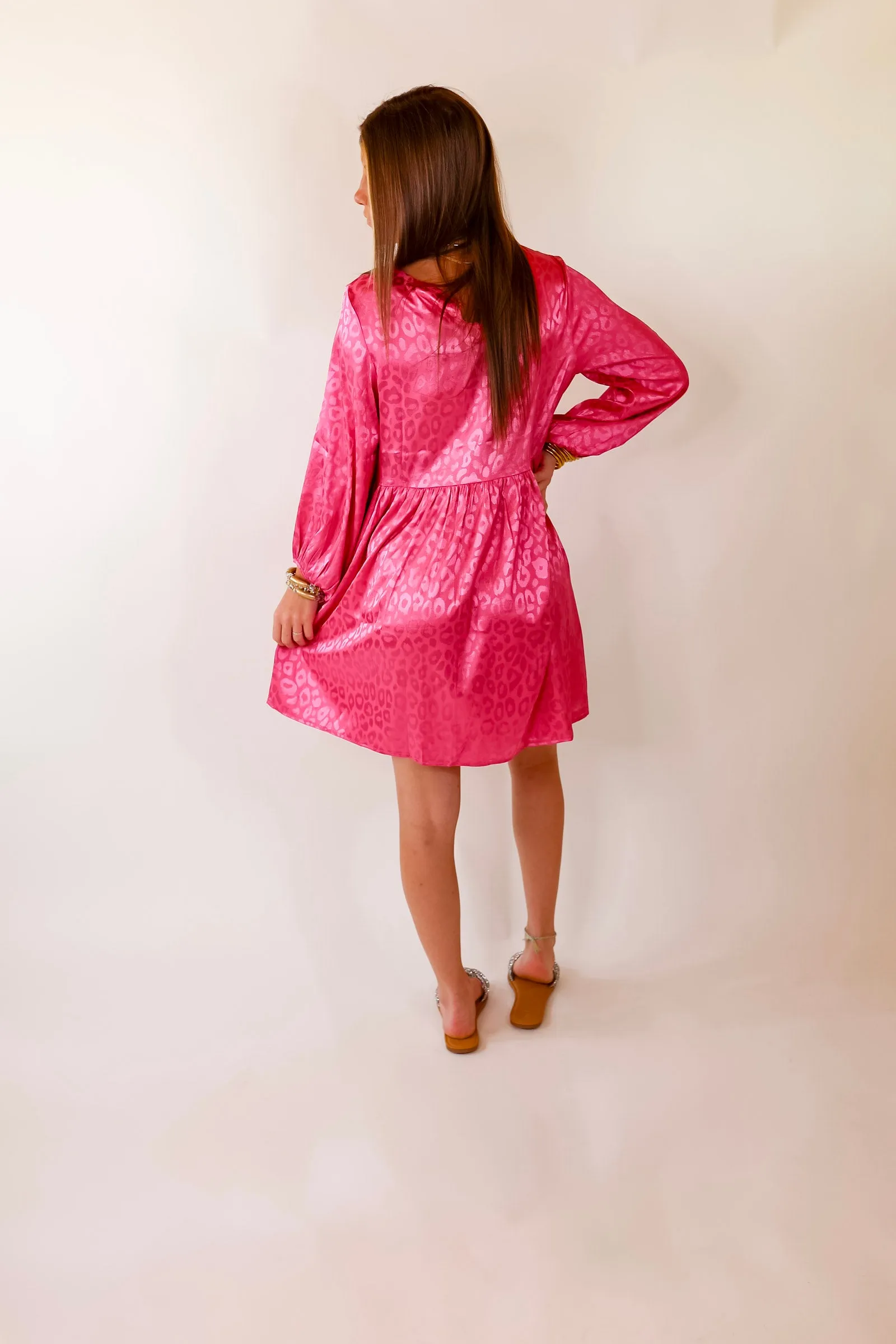 Change Is Coming Leopard Print Babydoll Dress with Long Sleeves in Hot Pink