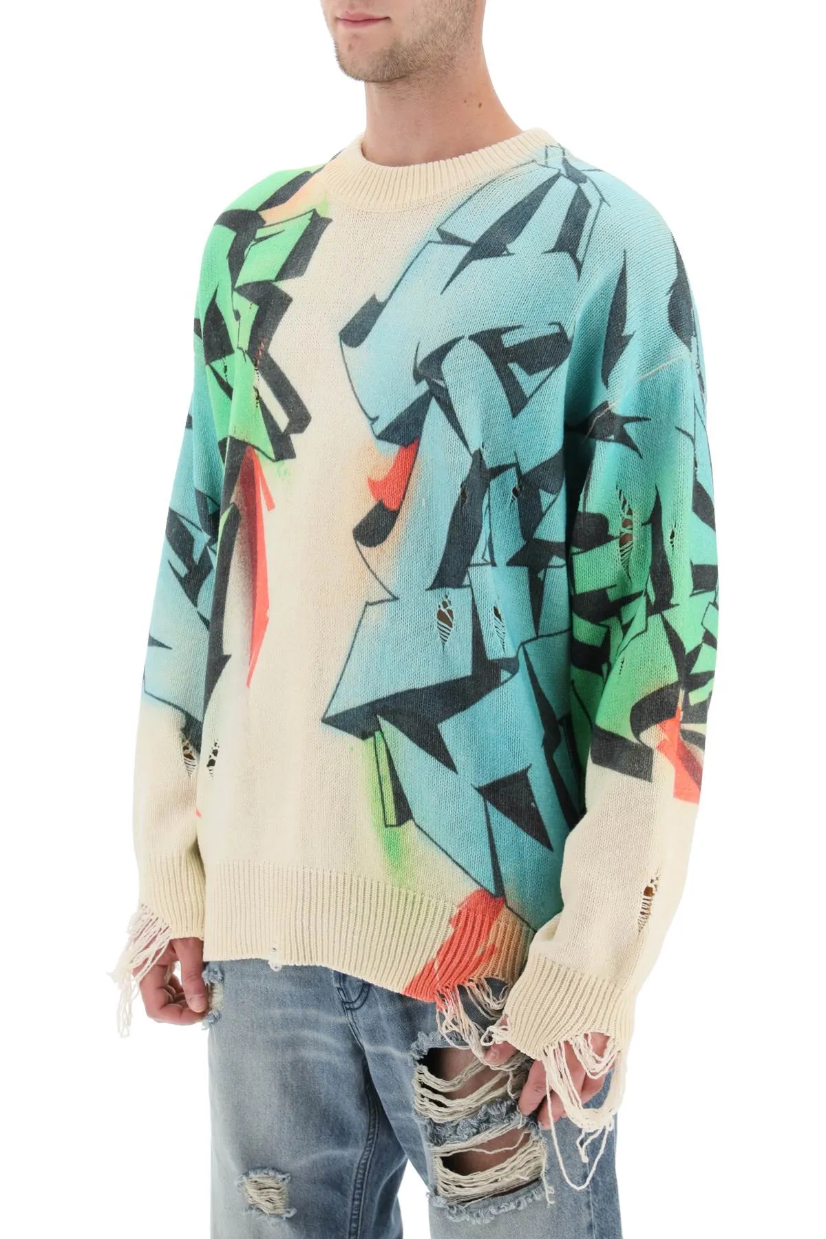 Children of the discordance graffiti print distressed sweater