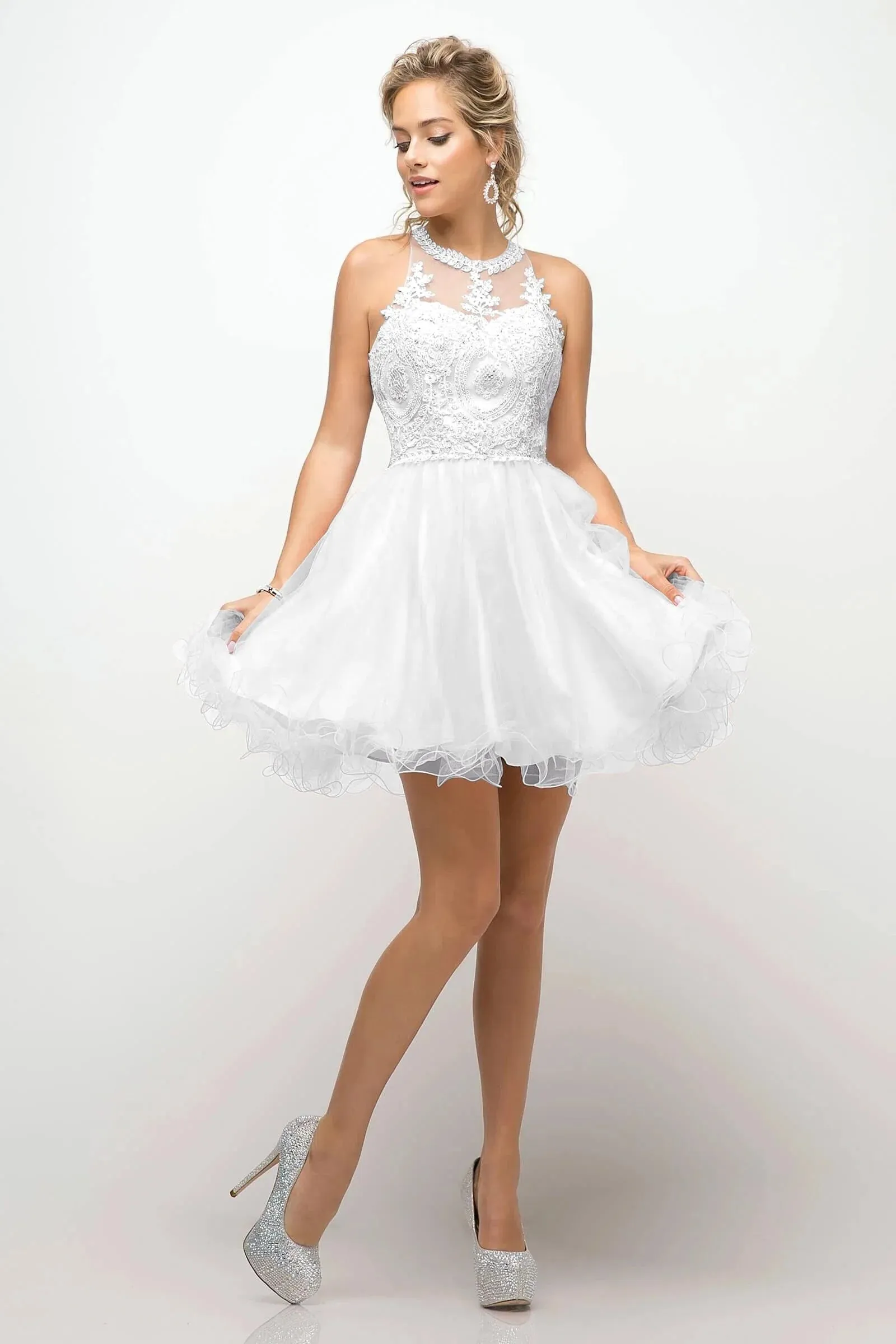 CINDERELLA DIVINE UJ0119 Short Lace Halter Neckline Dress