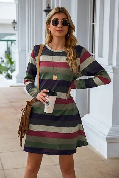 Clarissa Striped Round Neck Long Sleeve Dress | 4 Colors