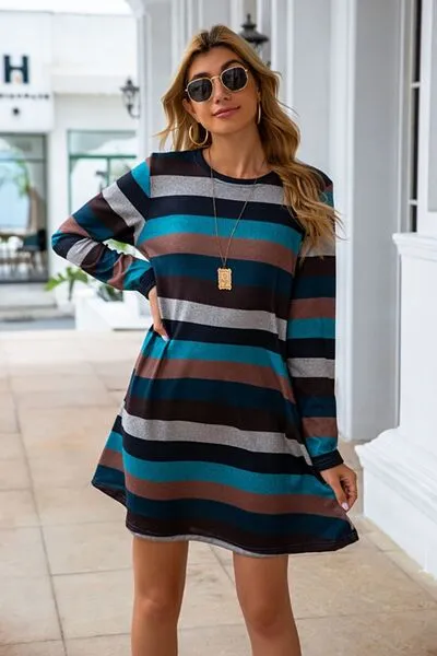 Clarissa Striped Round Neck Long Sleeve Dress | 4 Colors