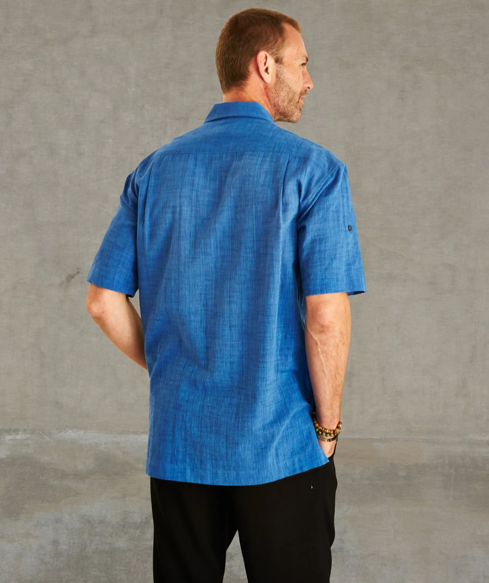 Convertible Short-Sleeve Khadi Cotton Crosshatch Shirt