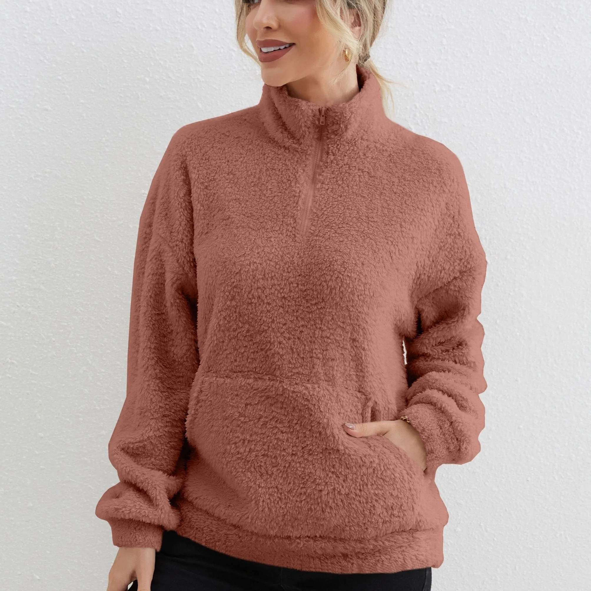 Cozy ZipUp Sweater with Pocket Womens Long Sleeve Top