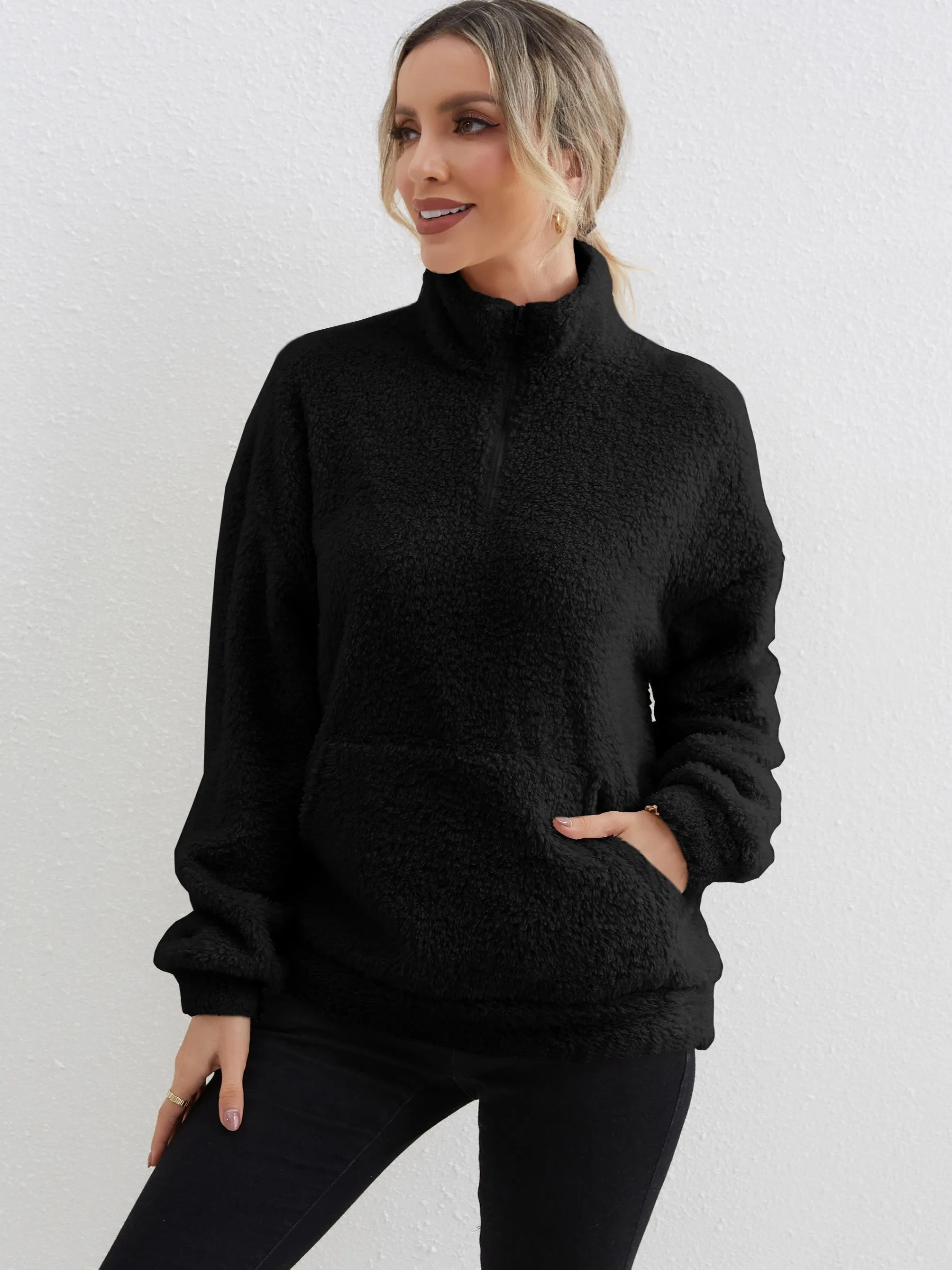 Cozy ZipUp Sweater with Pocket Womens Long Sleeve Top