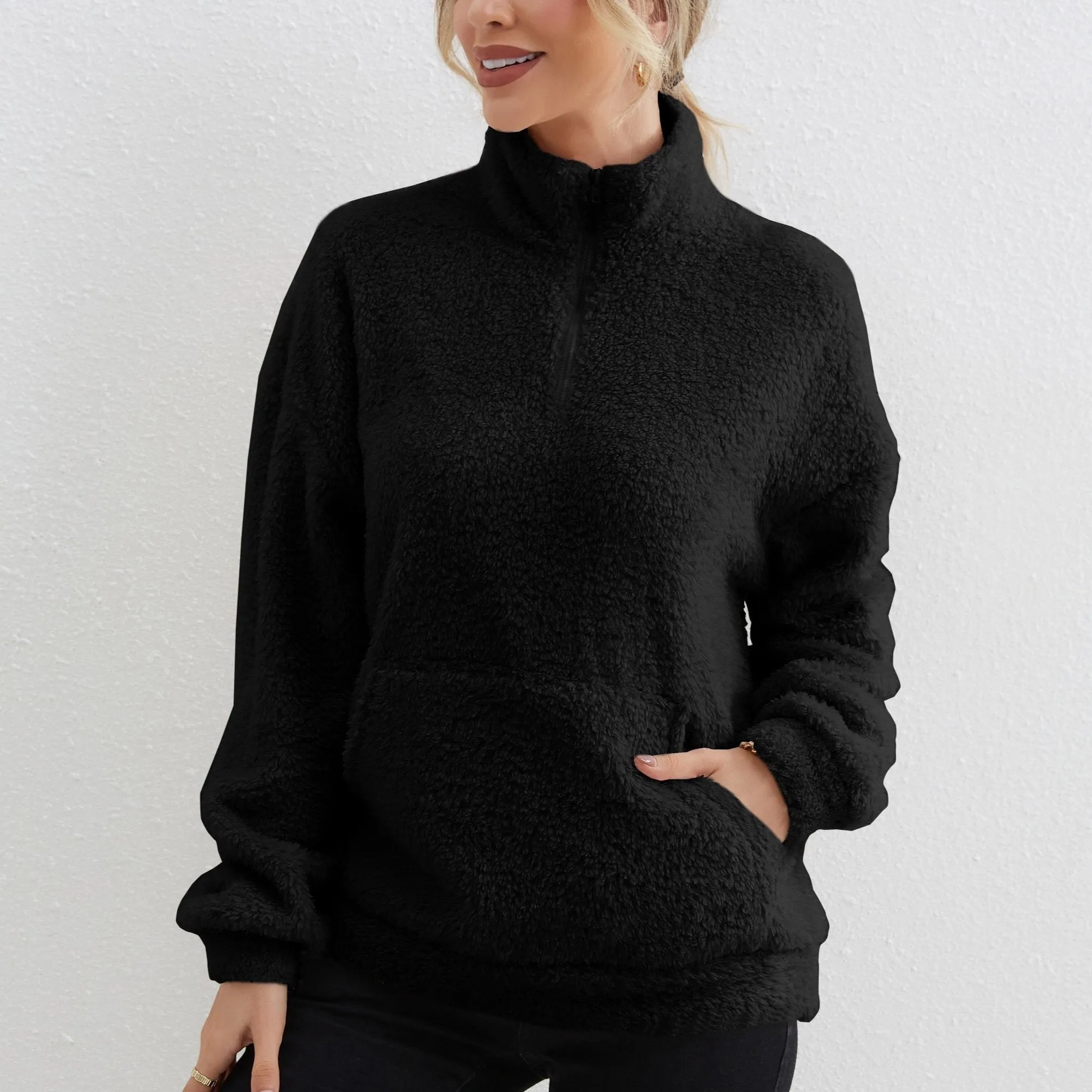 Cozy ZipUp Sweater with Pocket Womens Long Sleeve Top