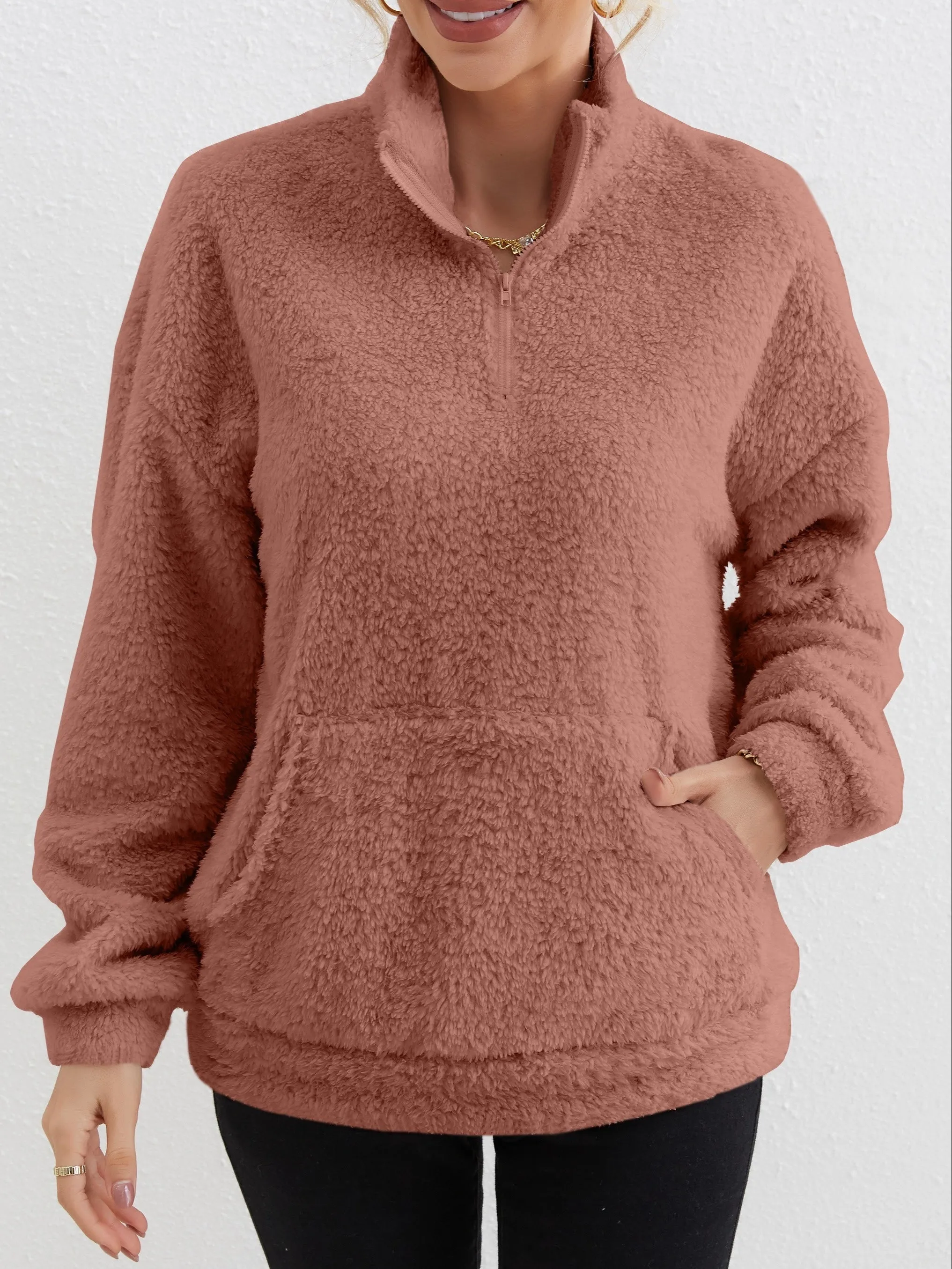 Cozy ZipUp Sweater with Pocket Womens Long Sleeve Top