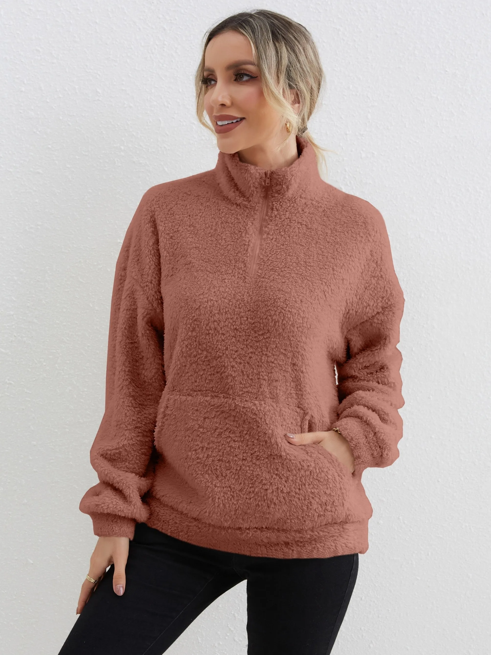 Cozy ZipUp Sweater with Pocket Womens Long Sleeve Top