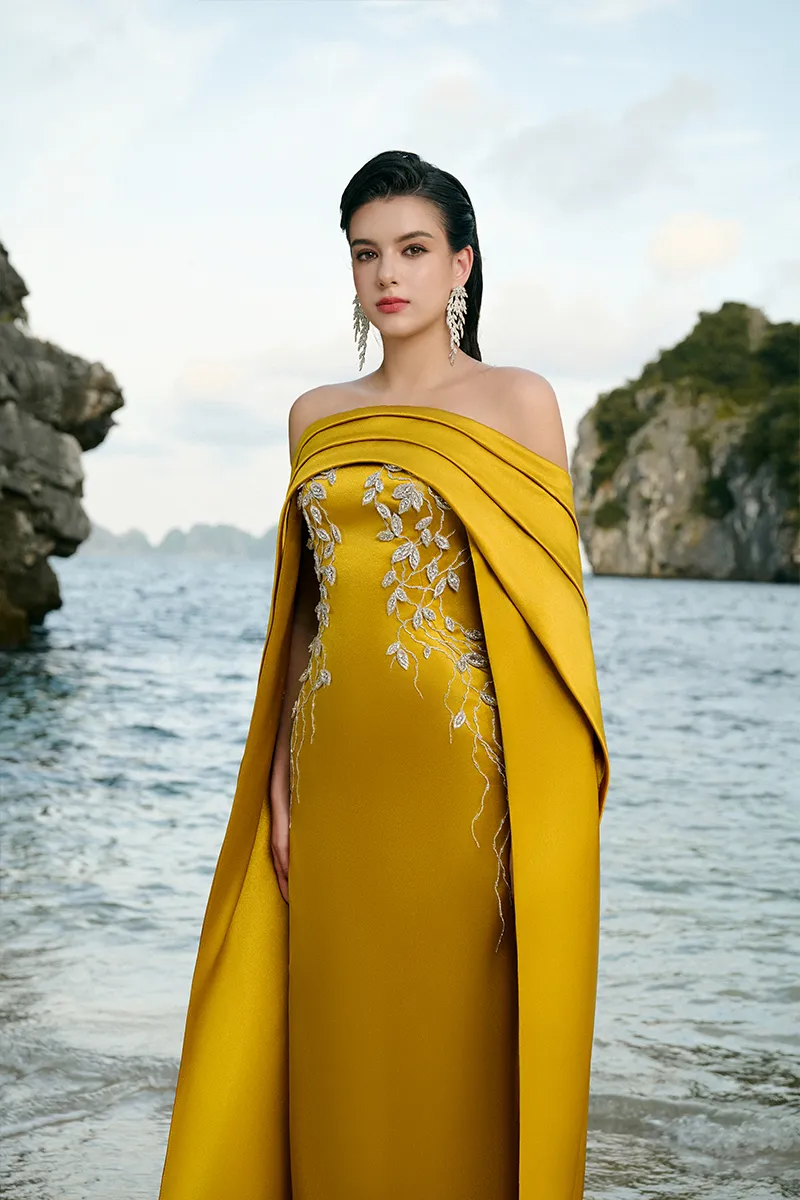 CURVED DRAPED OFF SHOULDER WITH LONG SLEEVE CAPE DRESS