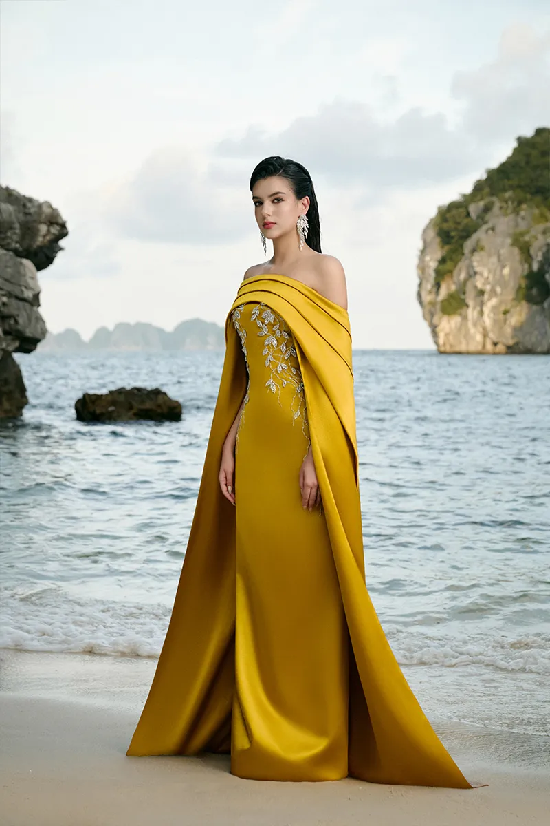 CURVED DRAPED OFF SHOULDER WITH LONG SLEEVE CAPE DRESS