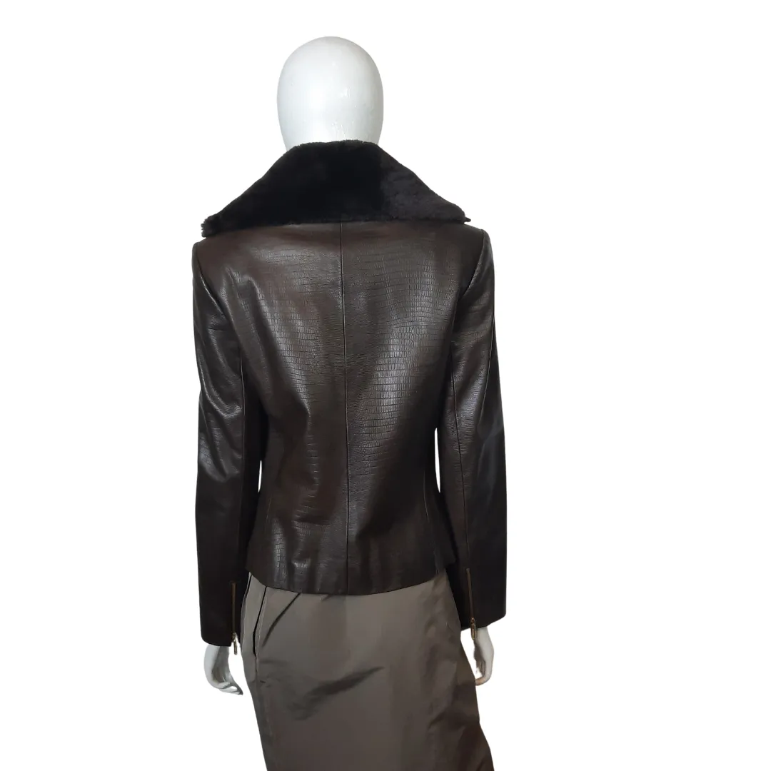 Dana Buchman Brown Leather Beaver Collar  Double Zip Jacket Sz 4