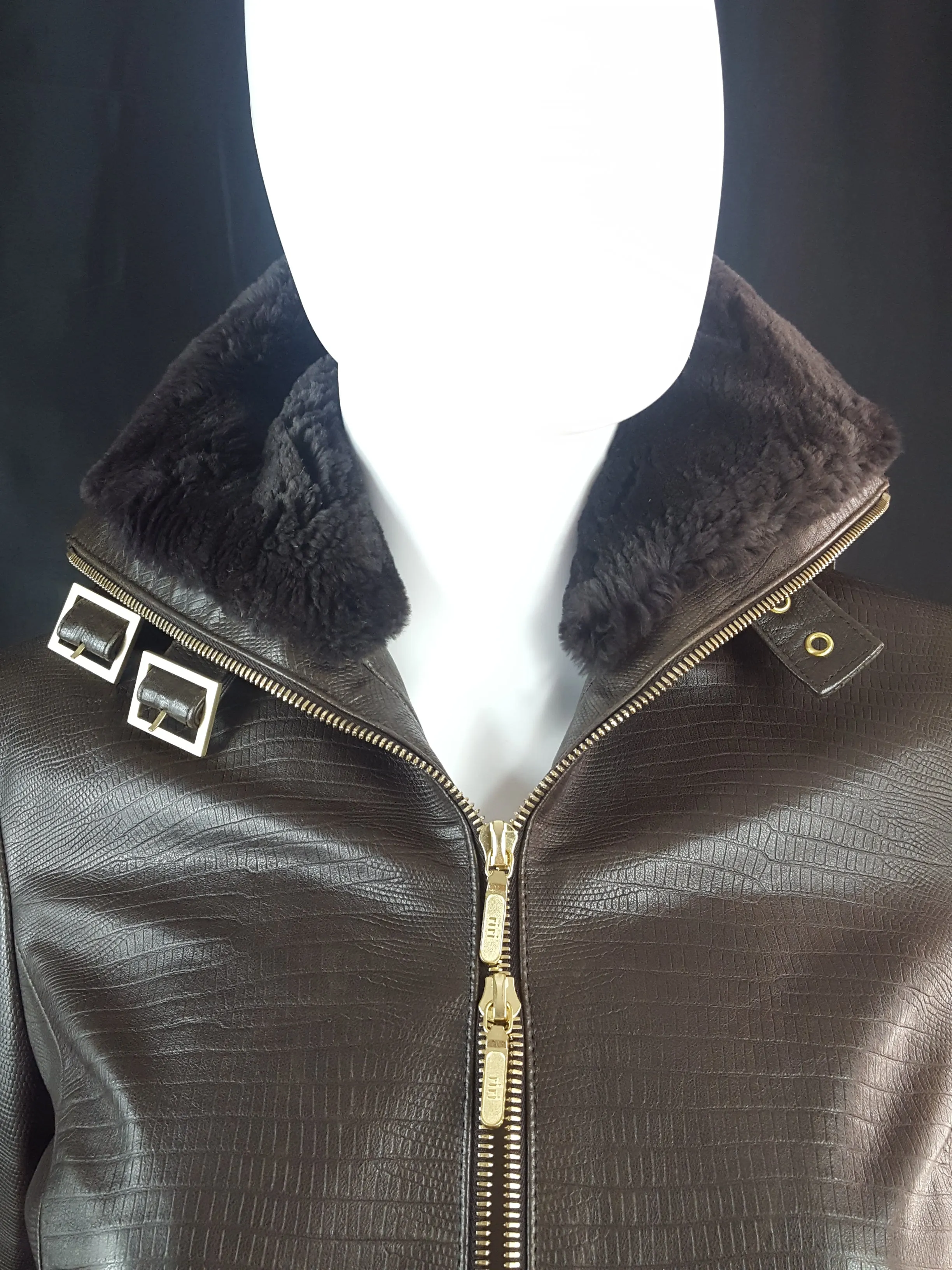 Dana Buchman Brown Leather Beaver Collar  Double Zip Jacket Sz 4