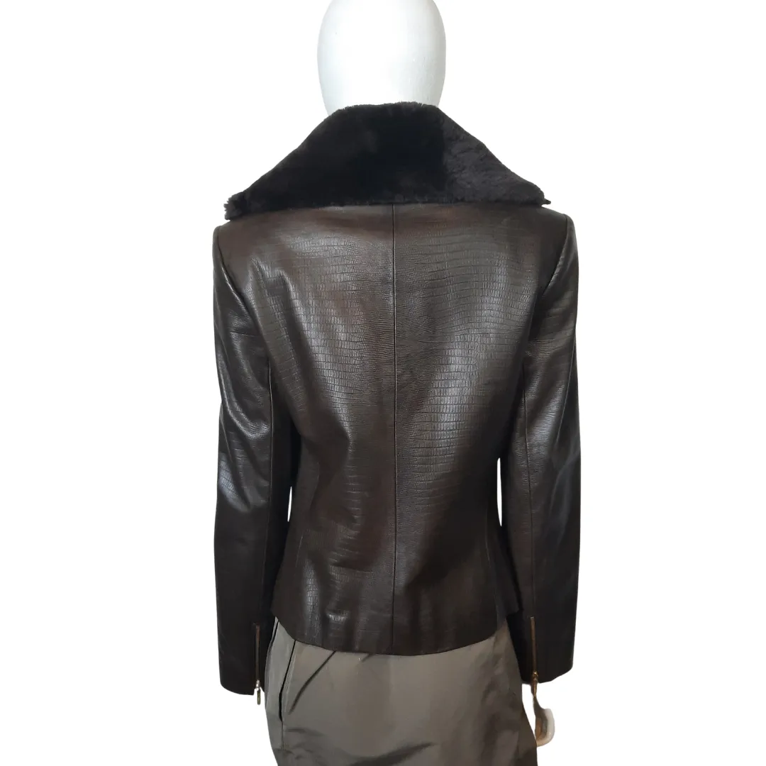 Dana Buchman Brown Leather Beaver Collar  Double Zip Jacket Sz 4