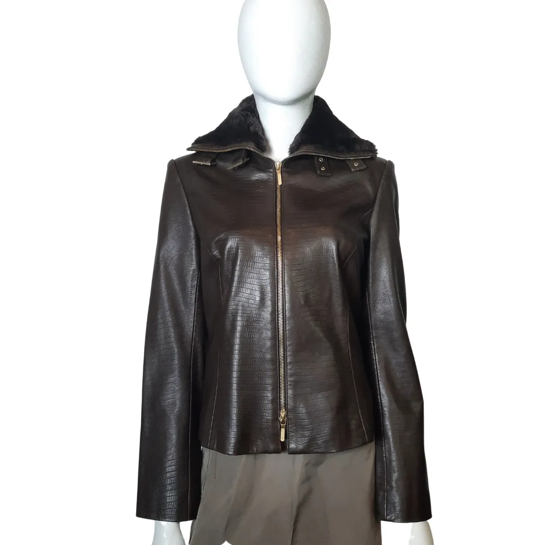 Dana Buchman Brown Leather Beaver Collar  Double Zip Jacket Sz 4