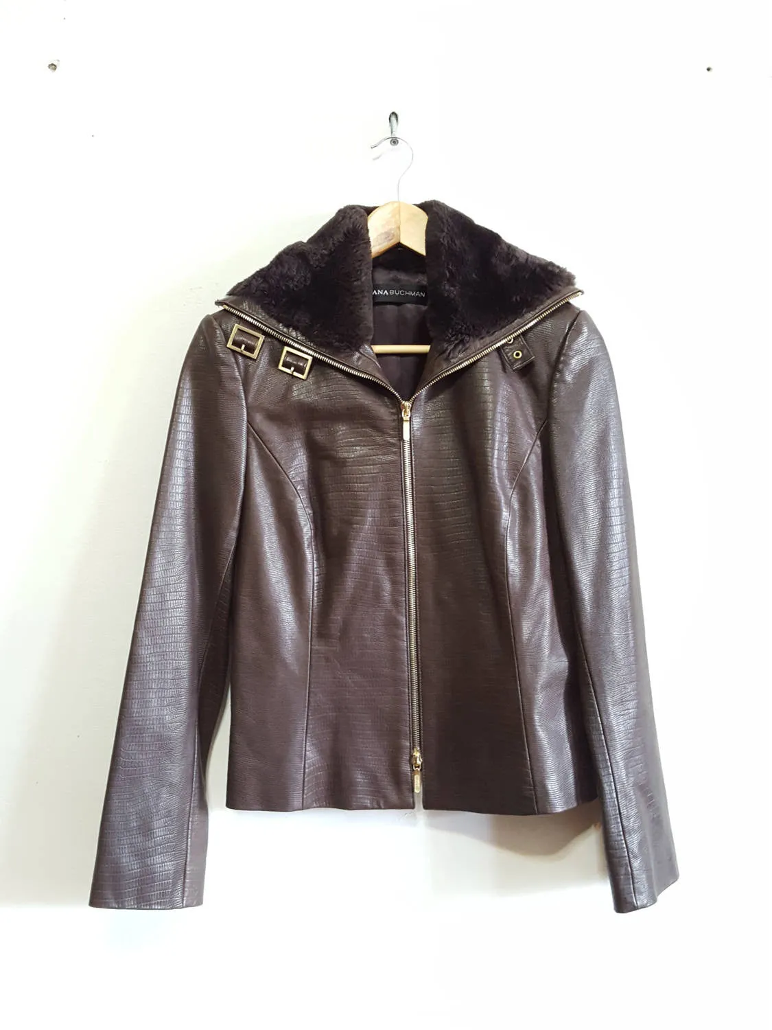 Dana Buchman Brown Leather Beaver Collar  Double Zip Jacket Sz 4