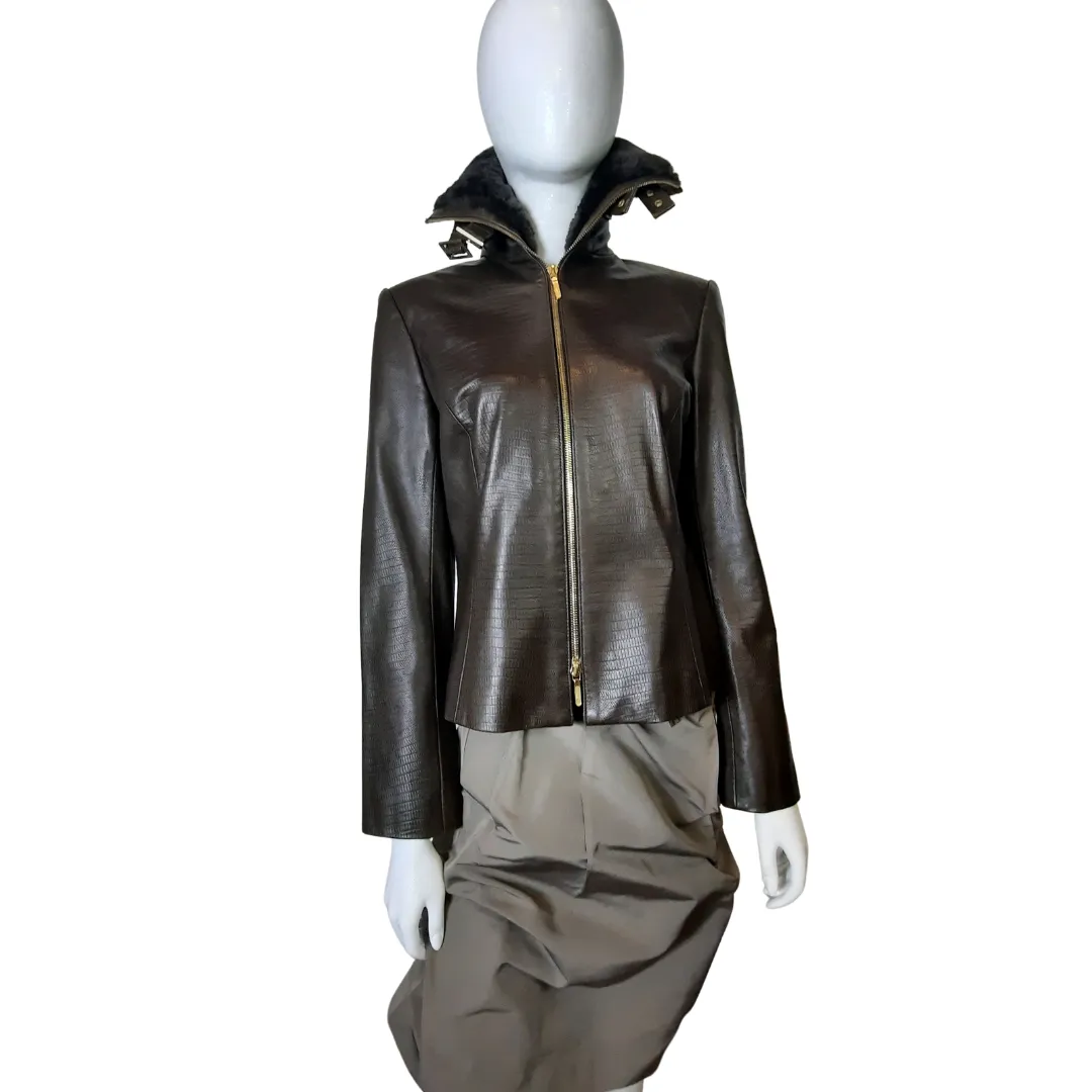 Dana Buchman Brown Leather Beaver Collar  Double Zip Jacket Sz 4