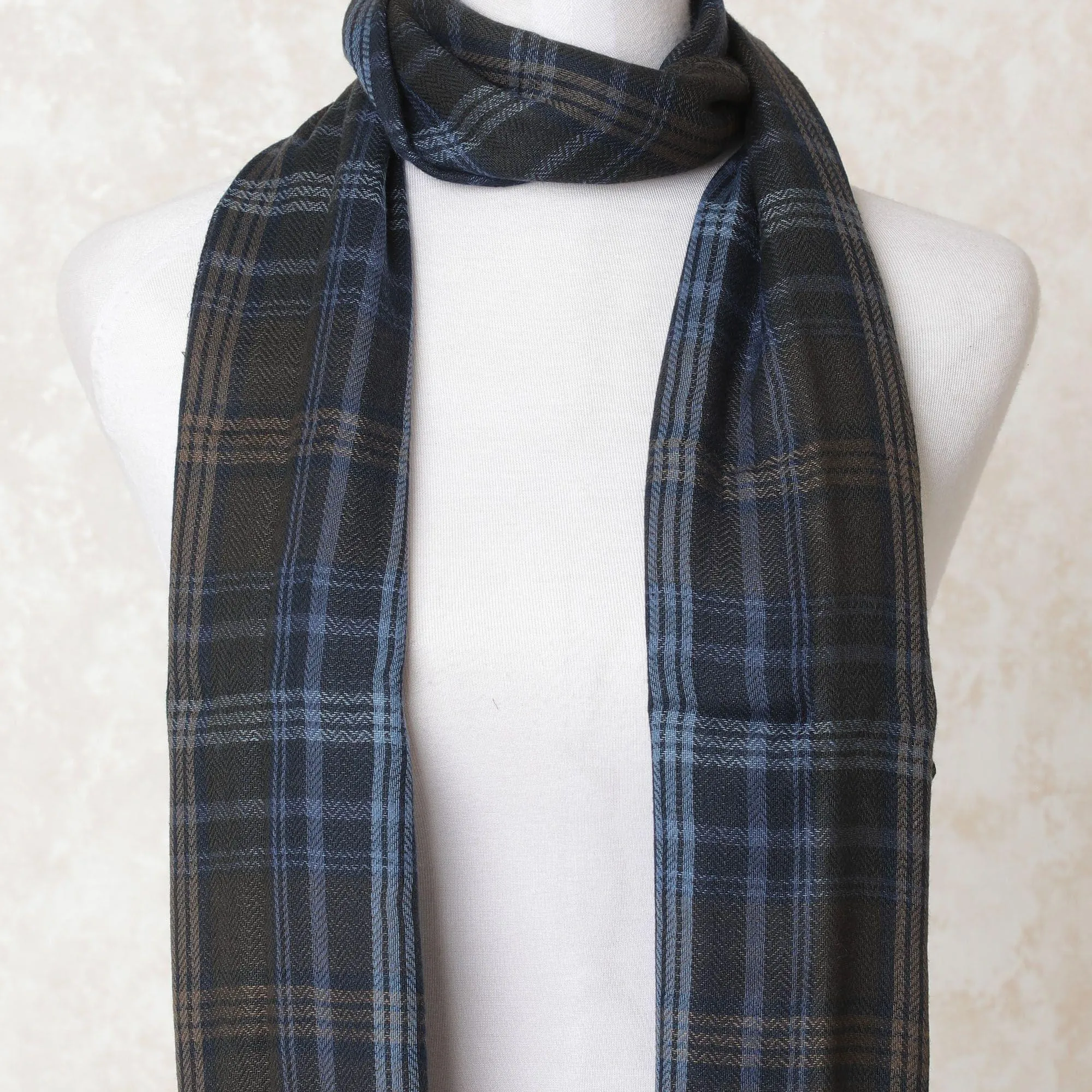 Dark olive, baby blue, sand brown poly wool weaved scarf in checks design-D10698