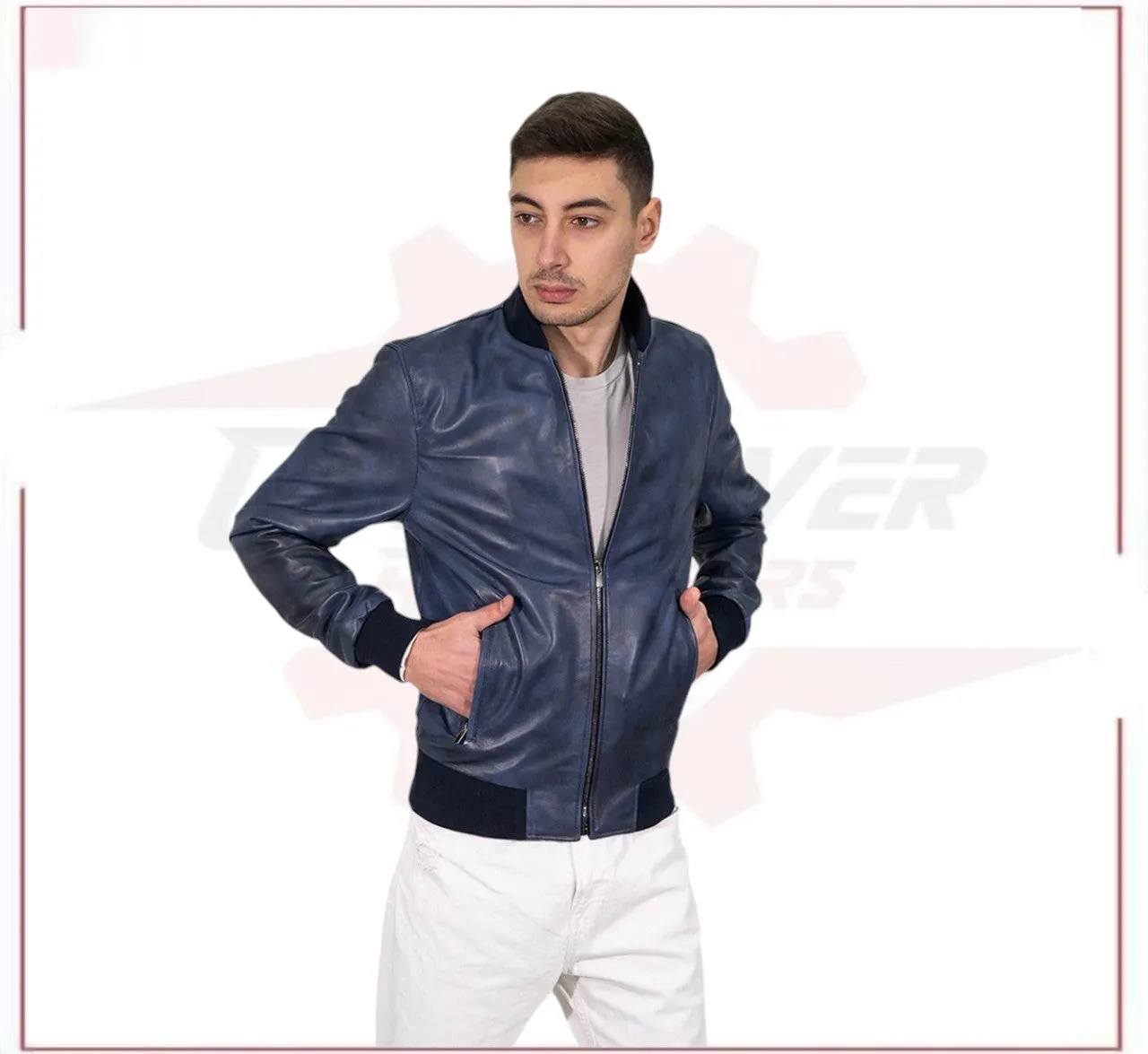 David - Men's Bomber Jacket Blue Genuine Leather Man