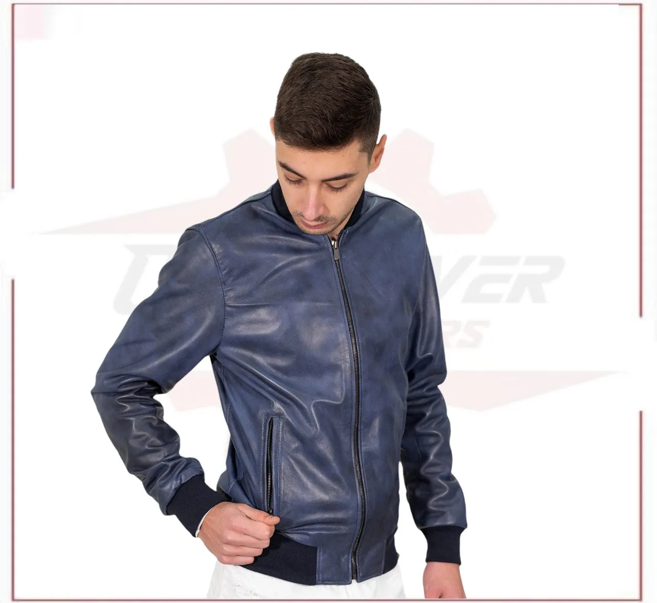 David - Men's Bomber Jacket Blue Genuine Leather Man