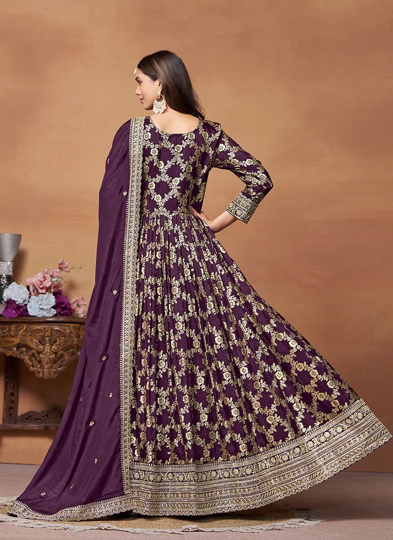 Deep Purple Embroidery Anarkali Suit For Wedding