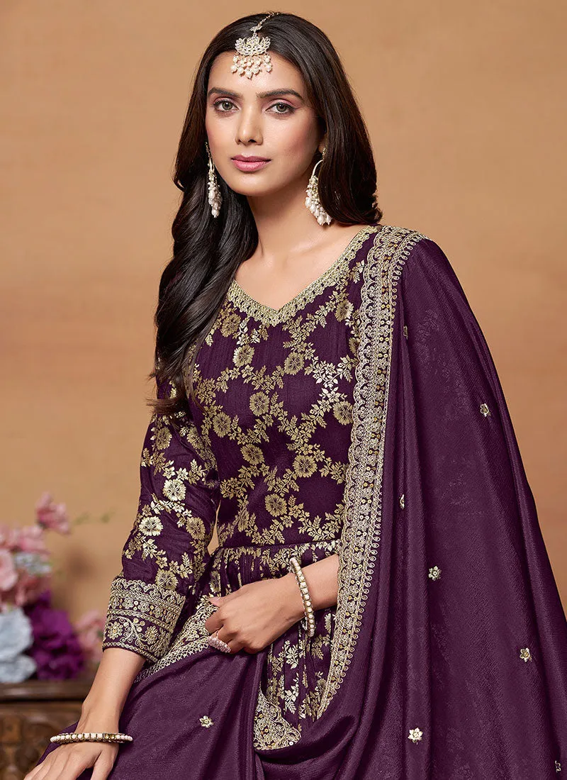 Deep Purple Embroidery Anarkali Suit For Wedding